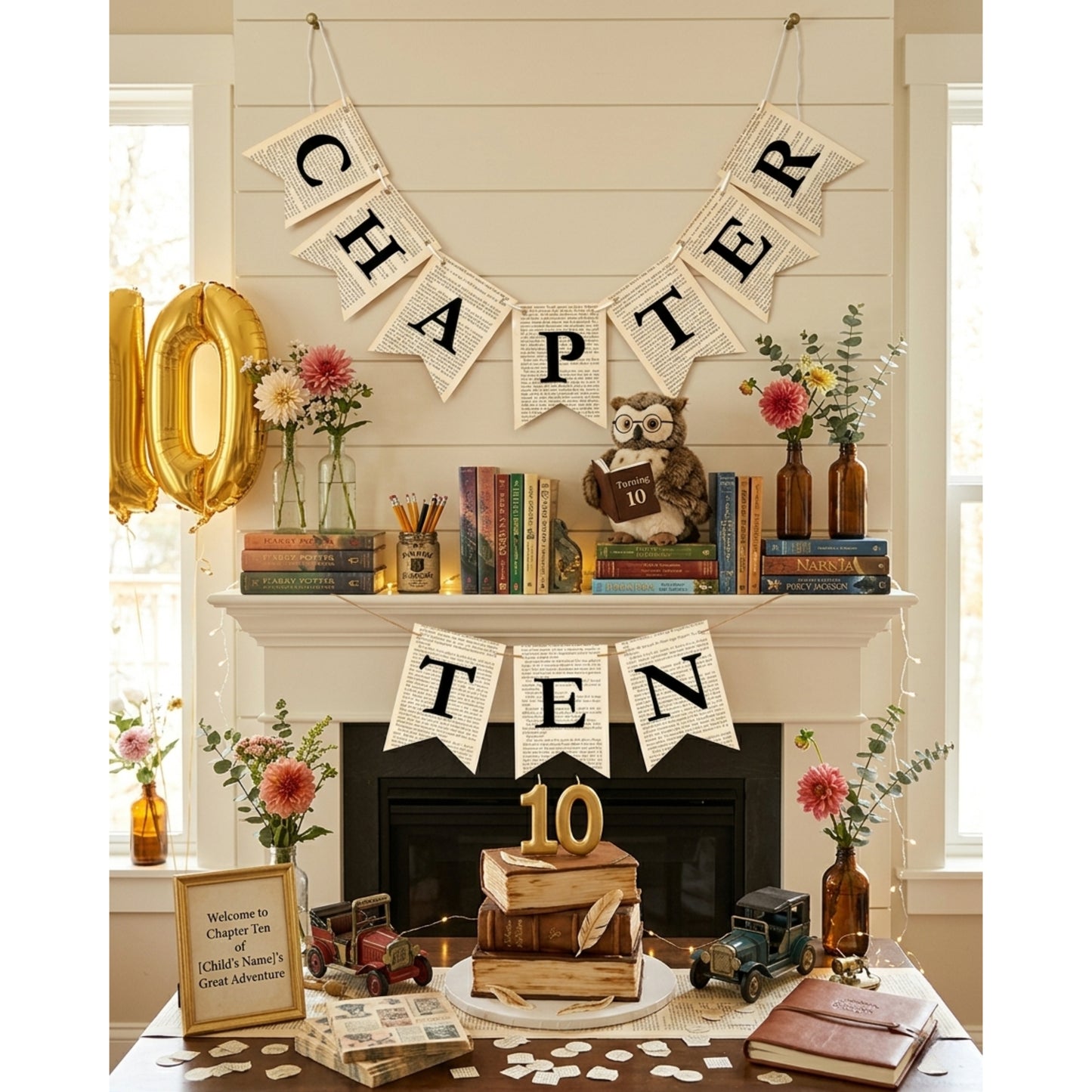 Chapter Ten Birthday Banner Set – Vintage Literary Garland with Bookmarks