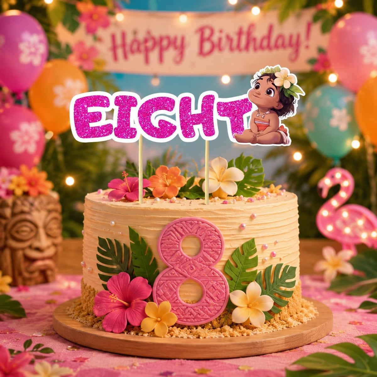 A decorated birthday cake with a large pink number 8, tropical flowers, green leaves, and a Moana-themed 'EIGHT' topper. The cake sits on a table surrounded by colorful balloons, string lights, and tropical decorations, with a 'Happy Birthday!' banner in the background.