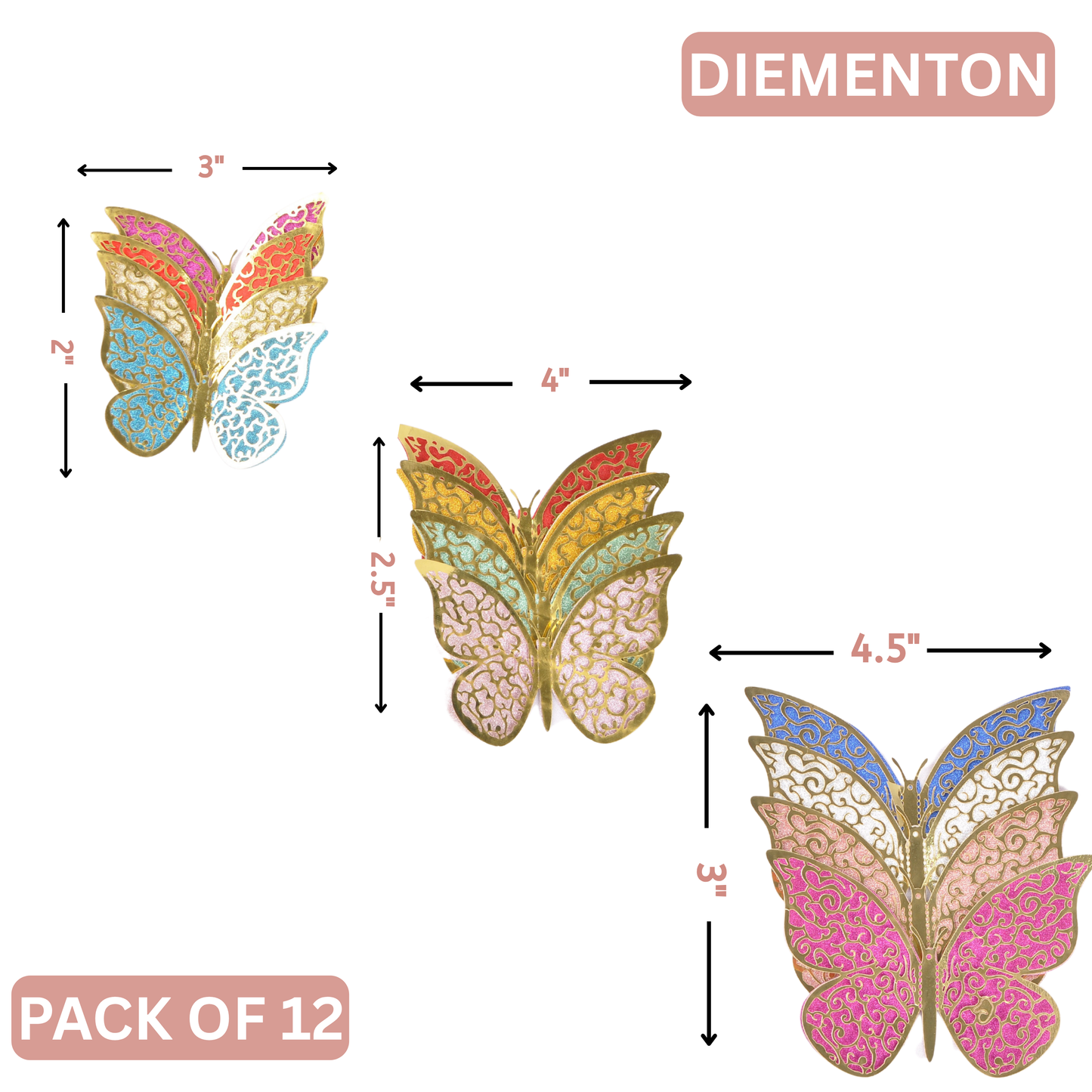 3D Butterfly Wall Decor – 12 Pcs Double-Layer Glitter Butterflies, 3 Sizes
