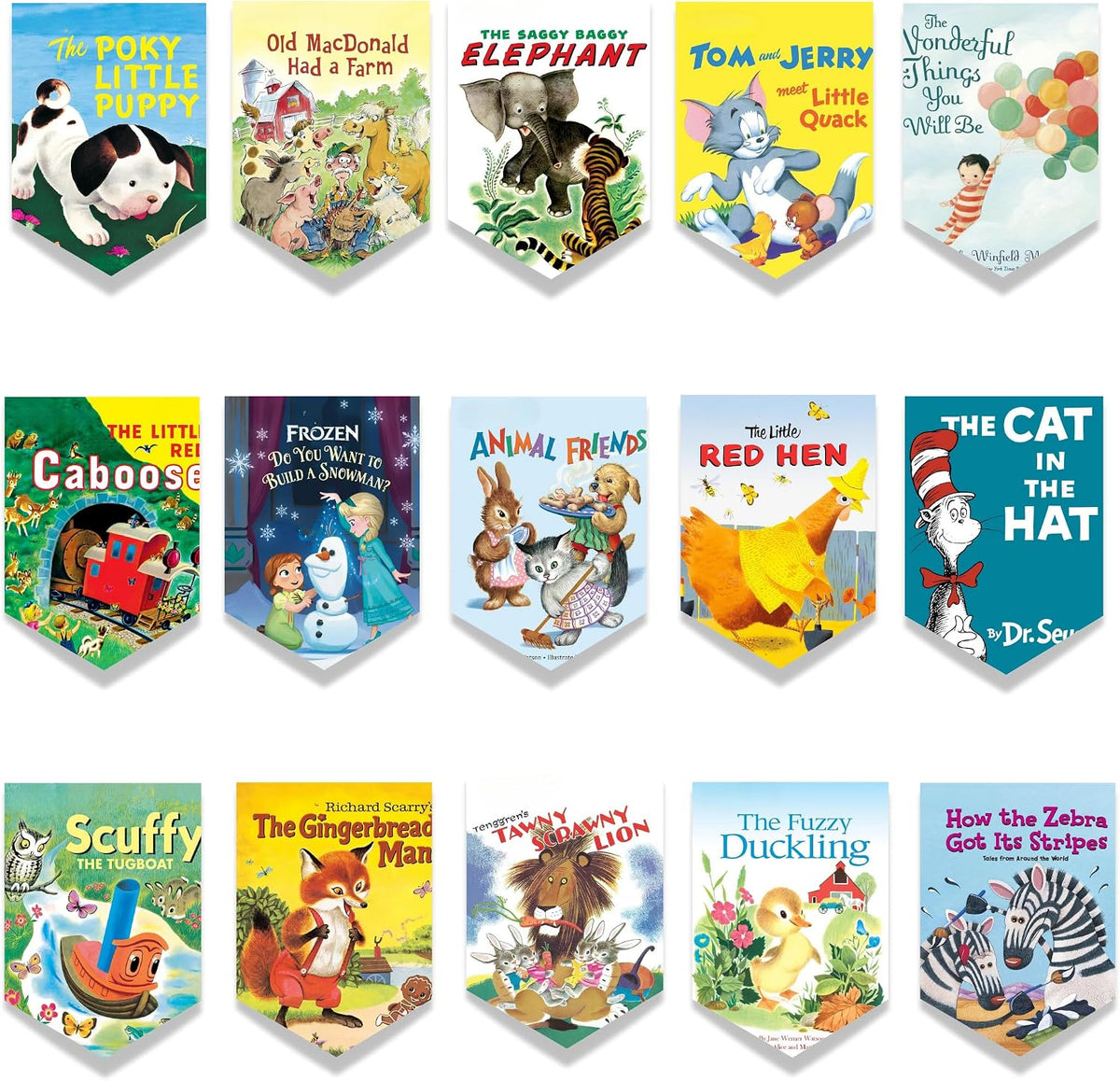 A grid of 15 colorful children's book cover designs arranged in three rows on a white background. Visible titles include The Three Little Pigs, Old MacDonald Had a Farm, The Savvy Buggy Elephant, Tom and Jerry, The Wonderful Things You Will Do, Caboose, Frozen, Animal Friends, The Little Red Hen, Dr.