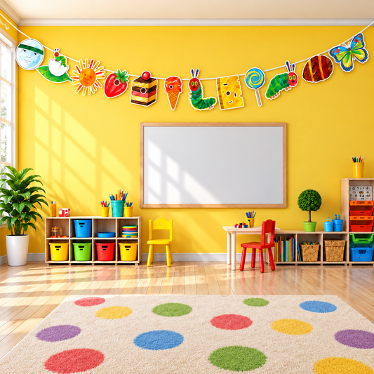 A bright children's classroom corner with a yellow wall, colorful alphabet and nature-themed banner, whiteboard, small desk and chairs, storage bins, and a multicolored polka-dot rug on a wood floor.