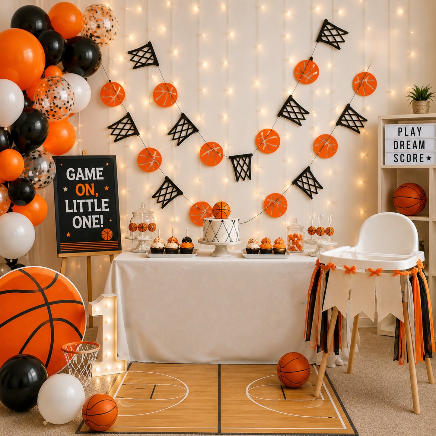 12 Ft Basketball Garland – Pre-Assembled Hoops & Balls Party Banner (Black Thread)