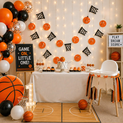12 Ft Basketball Garland – Pre-Assembled Hoops & Balls Party Banner (Black Thread)