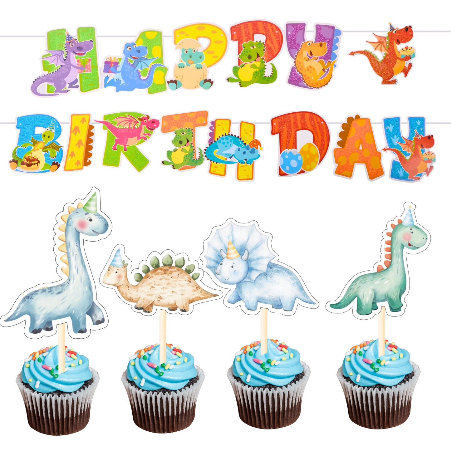 Dinosaur Cupcake Toppers with Glitter Garland – 12 Pcs Dino Birthday Party Set
