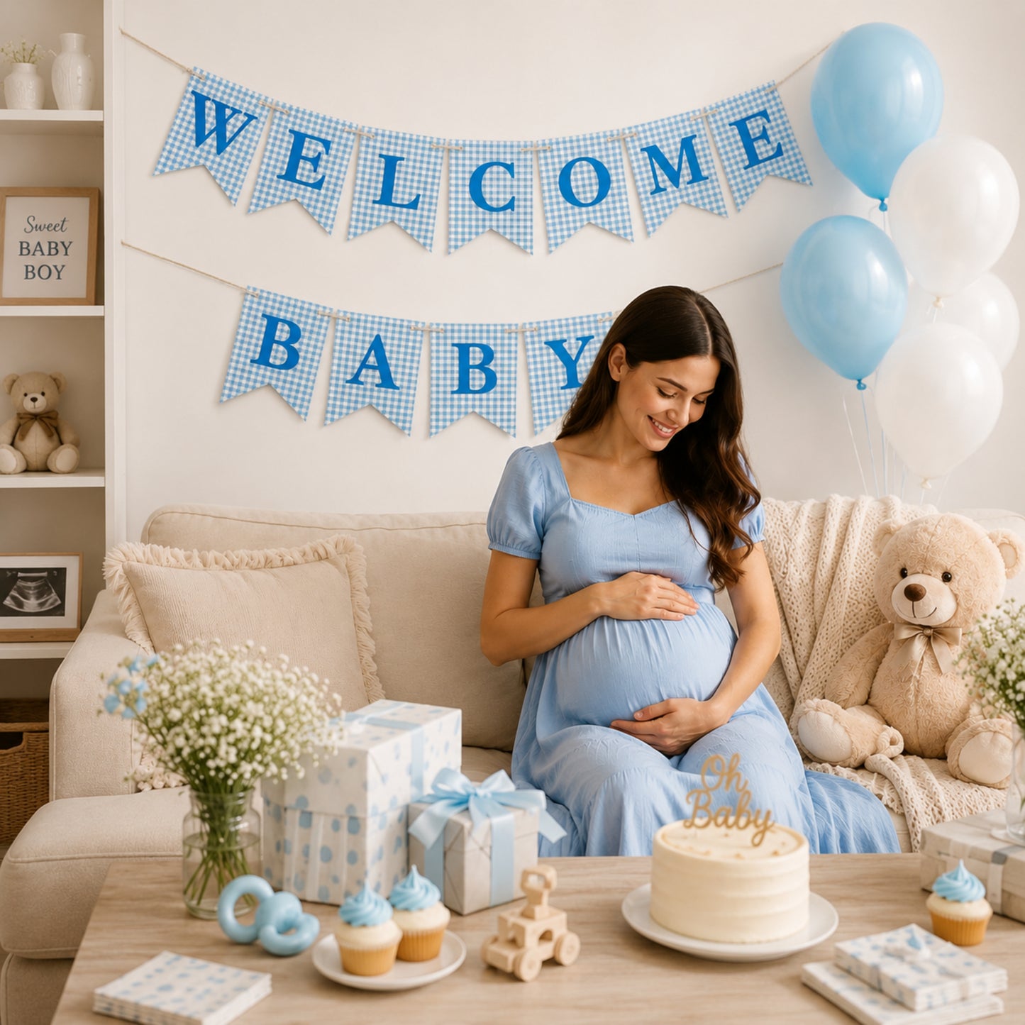 Welcome Baby Banner – Blue Gingham Cardstock Bunting for Baby Boy
