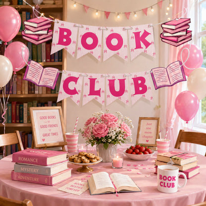 Pink Book Club Banner Garland – Coquette Reading Theme Party Decoration