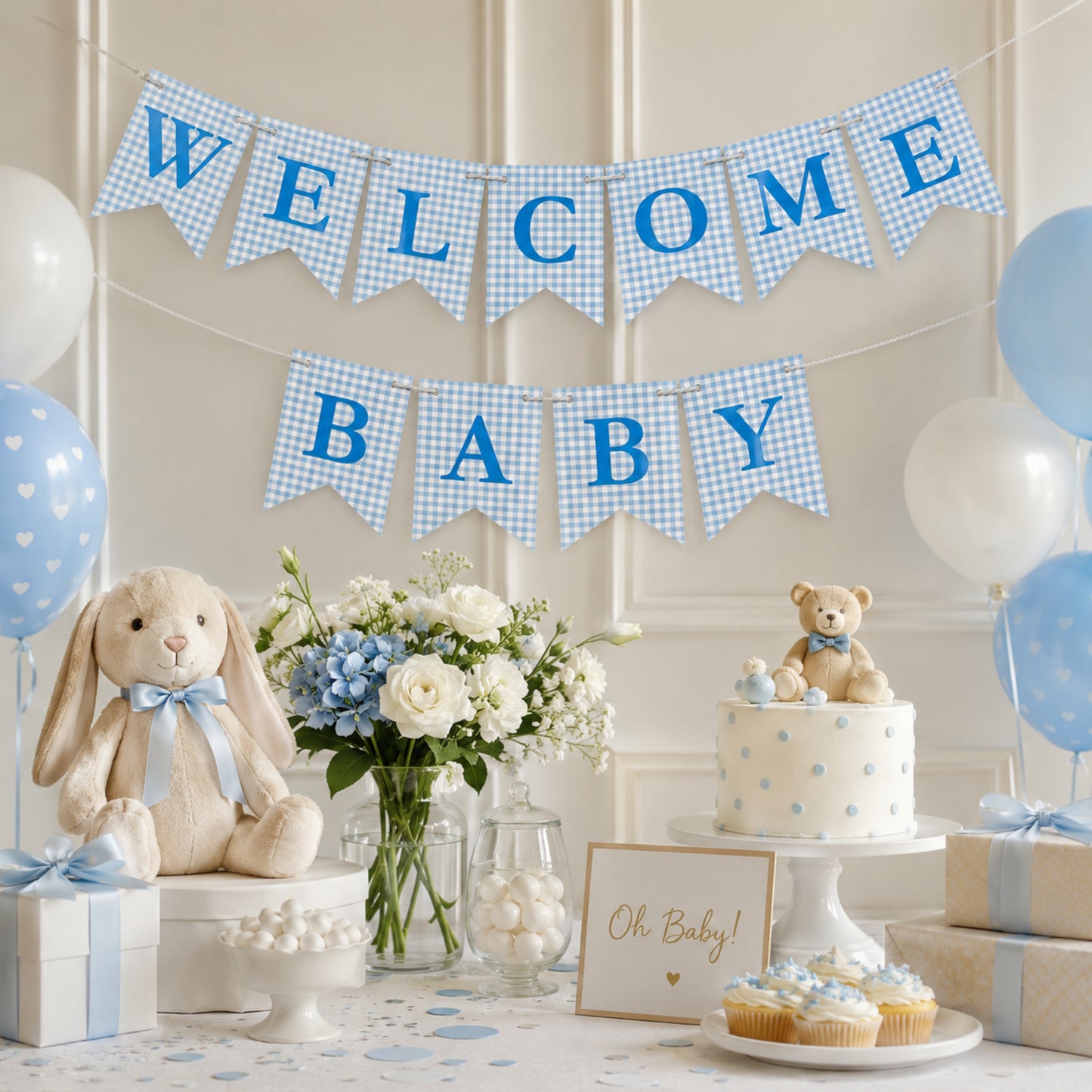 Welcome Baby Banner – Blue Gingham Cardstock Bunting for Baby Boy