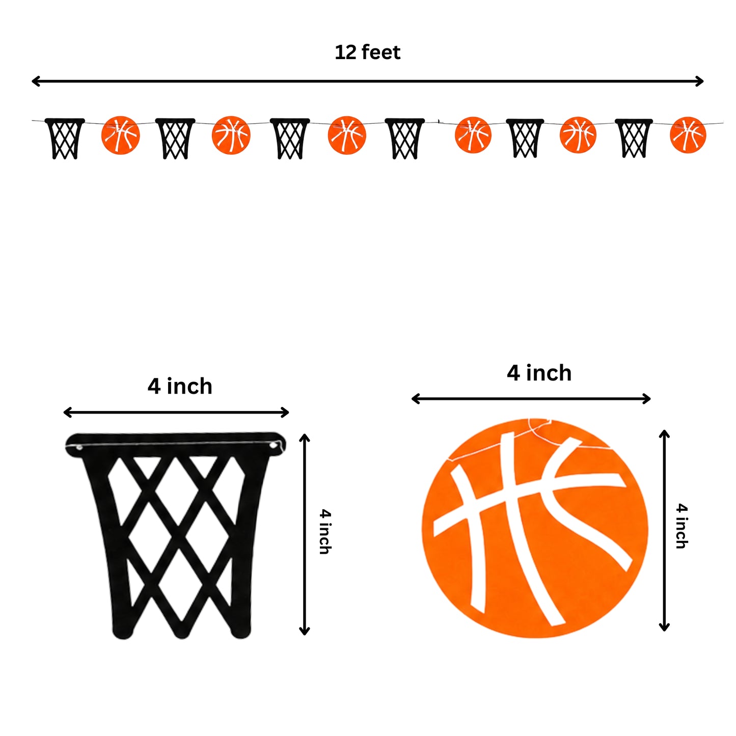 12 Ft Basketball Garland – Pre-Assembled Hoops & Balls Party Banner (Black Thread)