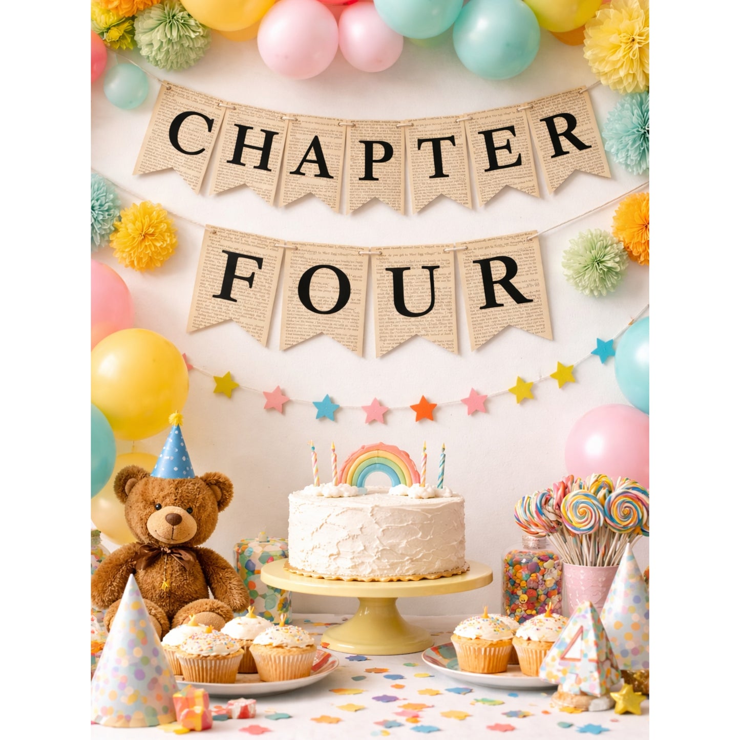 Chapter Four Birthday Banner Set – Rustic Book-Themed Garland with Bookmarks