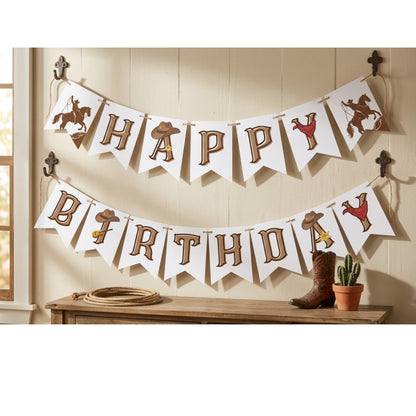 Western Cowboy Happy Birthday Banner – Rustic Wild West Garland Decoration