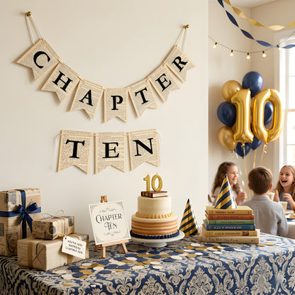 Chapter Ten Birthday Banner Set – Vintage Literary Garland with Bookmarks