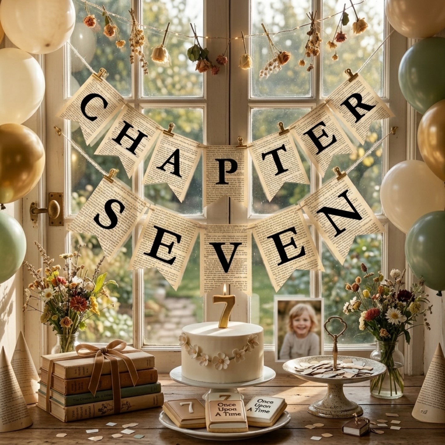 Chapter Seven Book Page Banner Garland – Rustic Literary Party Decoration
