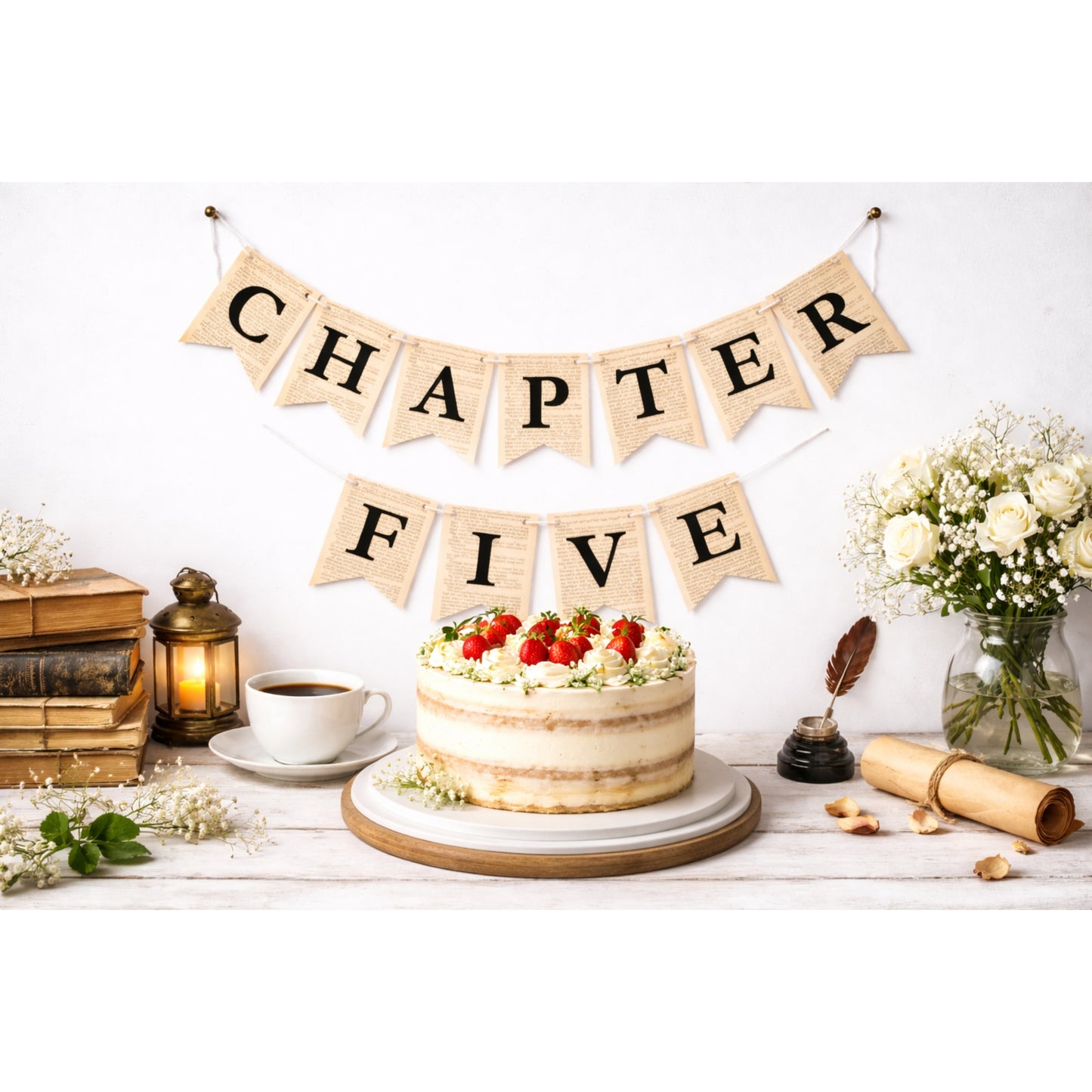 Chapter Five Birthday Banner Set – Book-Themed Garland with Bookmarks