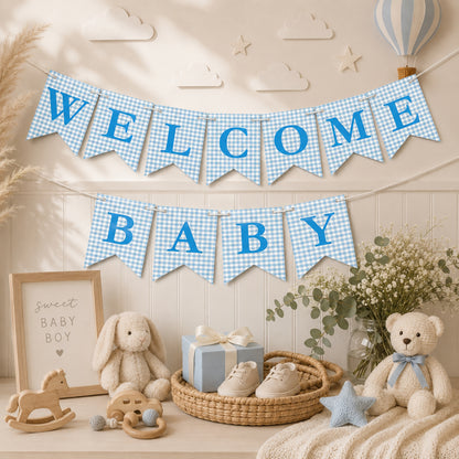 Welcome Baby Banner – Blue Gingham Cardstock Bunting for Baby Boy