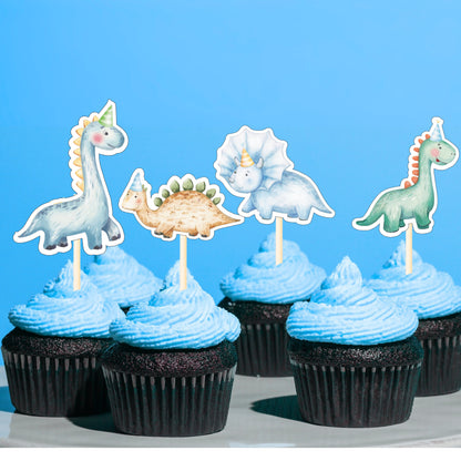 Dinosaur Cupcake Toppers with Glitter Garland – 12 Pcs Dino Birthday Party Set