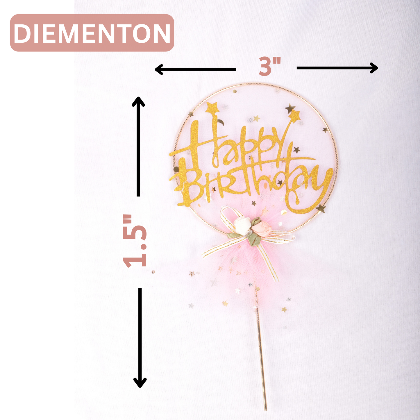 Pink Happy Birthday Cake Topper – Gold Glitter Double-Sided, Pre-Assembled