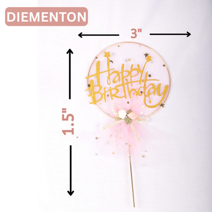 Pink Happy Birthday Cake Topper – Gold Glitter Double-Sided, Pre-Assembled