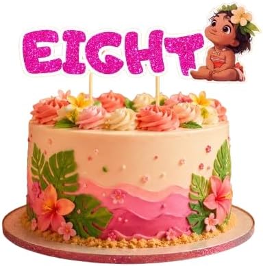 A decorated round birthday cake with pink and peach frosting, tropical leaf and flower decorations, and a pink glitter 'EIGHT' topper featuring a small character illustration, shown on a white background.