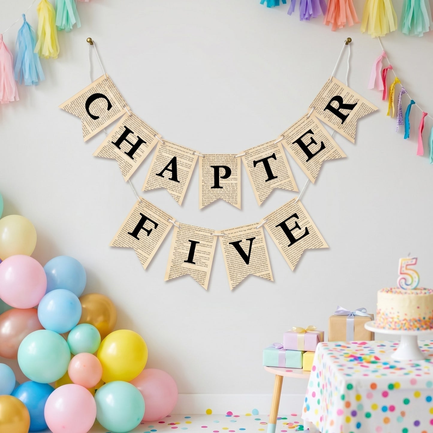 Chapter Five Birthday Banner Set – Book-Themed Garland with Bookmarks