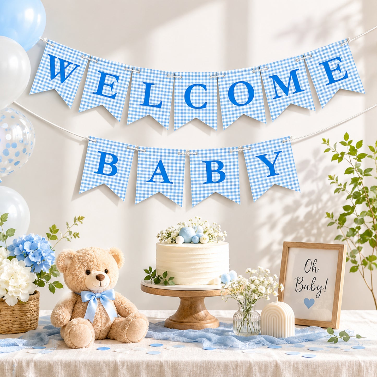 Welcome Baby Banner – Blue Gingham Cardstock Bunting for Baby Boy