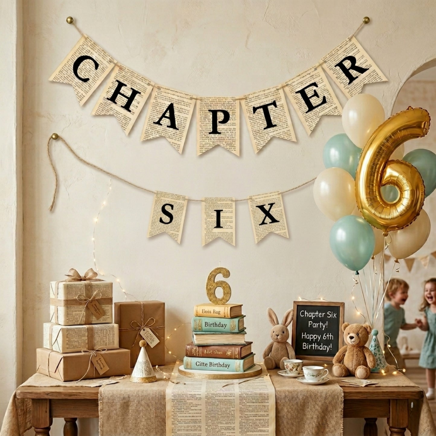 Chapter Six Rustic Book Page Banner Garland – Farmhouse Hanging Pennant