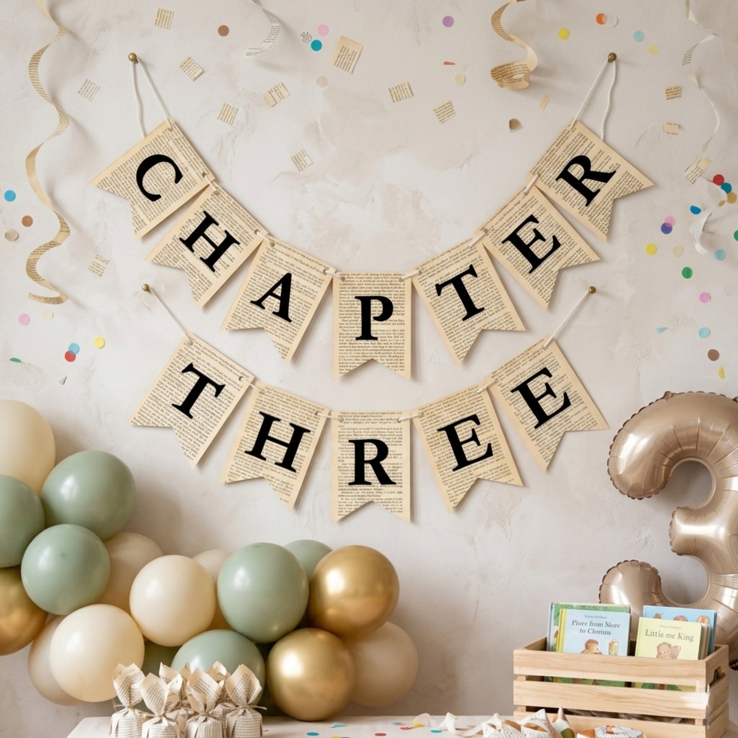 Chapter Three Birthday Banner Set – Book-Themed Garland with Bookmarks