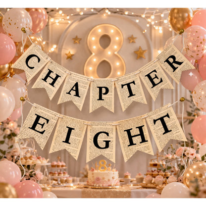 Chapter Eight Book Page Banner Garland – Rustic Literary Party Decoration