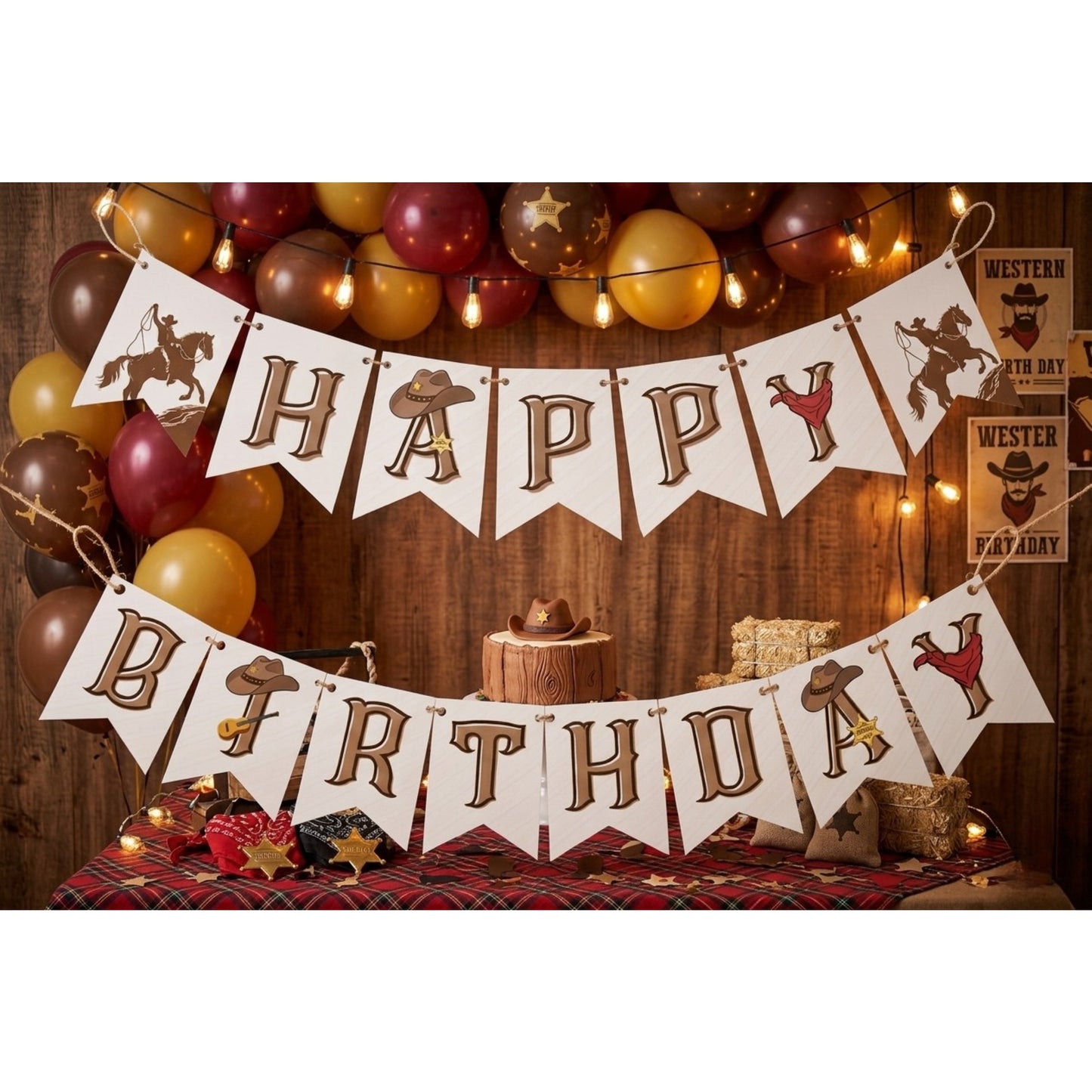 Western Cowboy Happy Birthday Banner – Rustic Wild West Garland Decoration