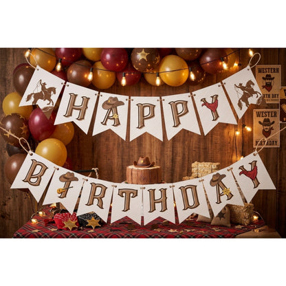 Western Cowboy Happy Birthday Banner – Rustic Wild West Garland Decoration