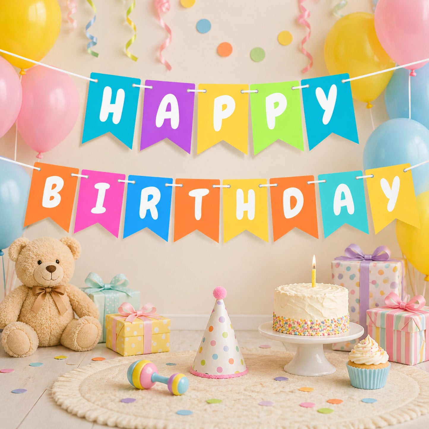 Colorful Happy Birthday Banner Garland – Rainbow Pastel Swallowtail Pennants