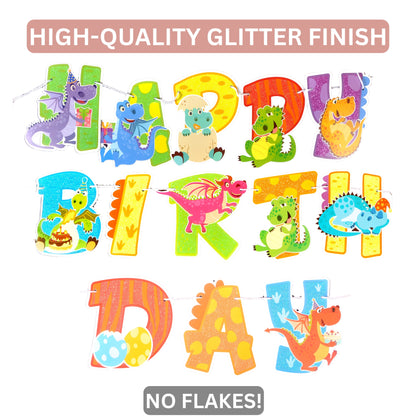 Dinosaur Cupcake Toppers with Glitter Garland – 12 Pcs Dino Birthday Party Set