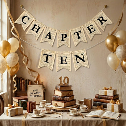Chapter Ten Birthday Banner Set – Vintage Literary Garland with Bookmarks