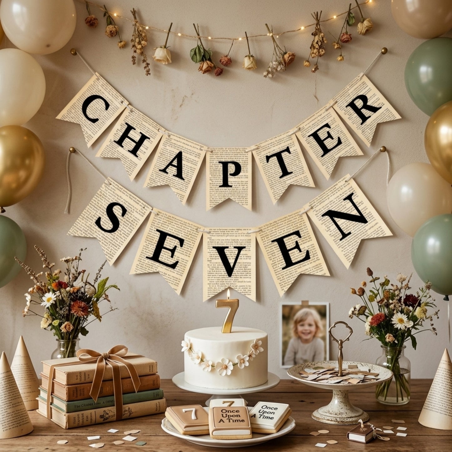 Chapter Seven Book Page Banner Garland – Rustic Literary Party Decoration