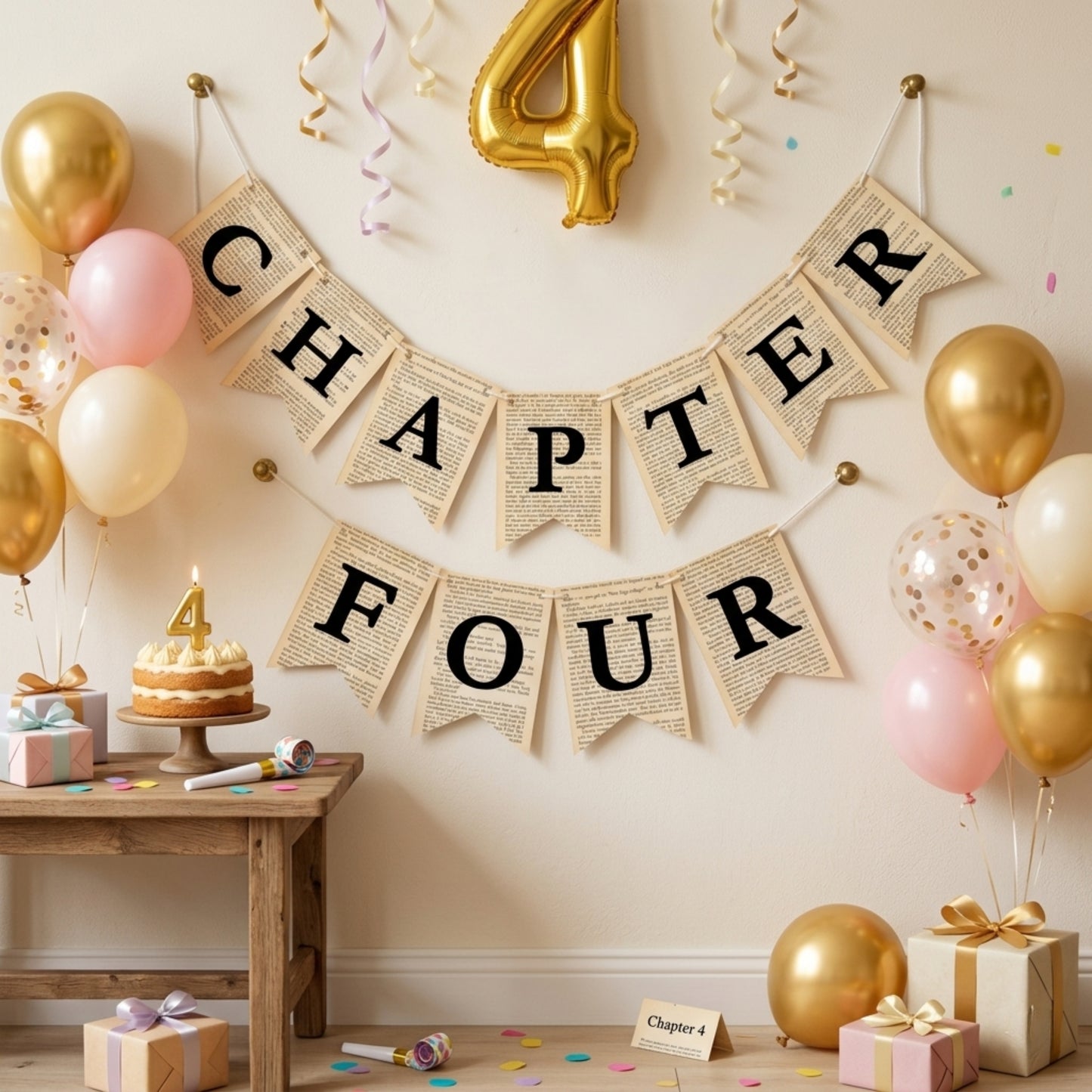 Chapter Four Birthday Banner Set – Rustic Book-Themed Garland with Bookmarks