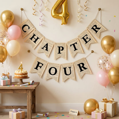 Chapter Four Birthday Banner Set – Rustic Book-Themed Garland with Bookmarks