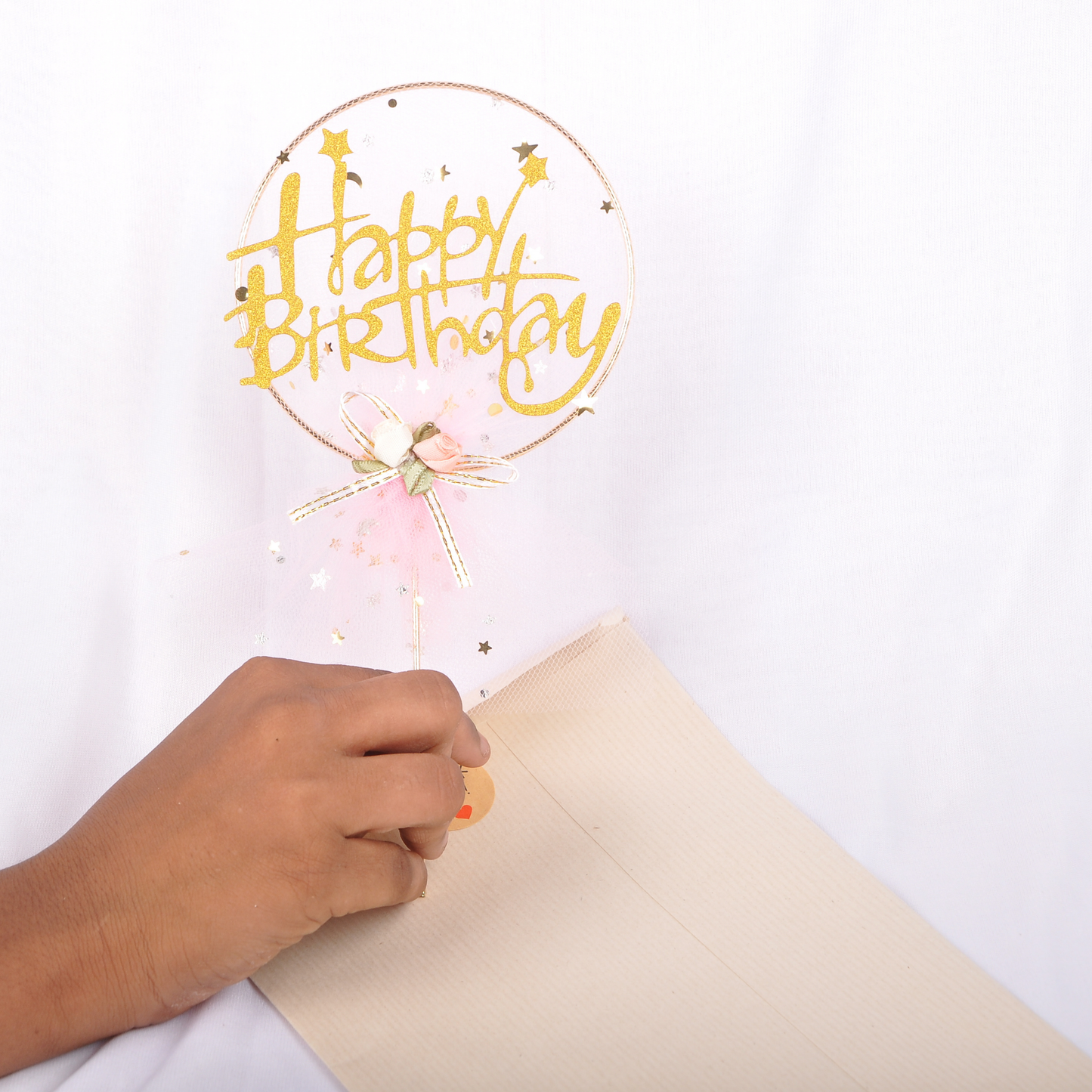 Pink Happy Birthday Cake Topper – Gold Glitter Double-Sided, Pre-Assembled