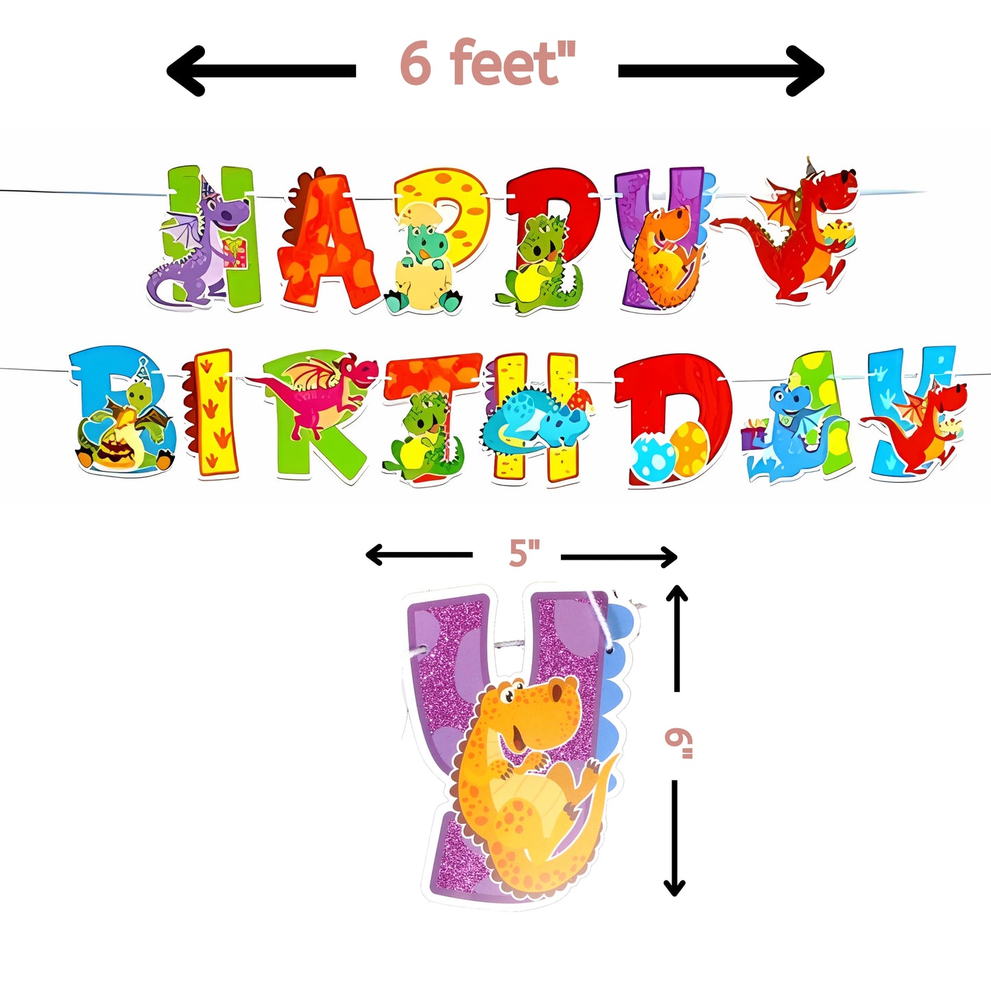 Dinosaur Cupcake Toppers with Glitter Garland – 12 Pcs Dino Birthday Party Set