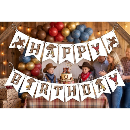 Western Cowboy Happy Birthday Banner – Rustic Wild West Garland Decoration