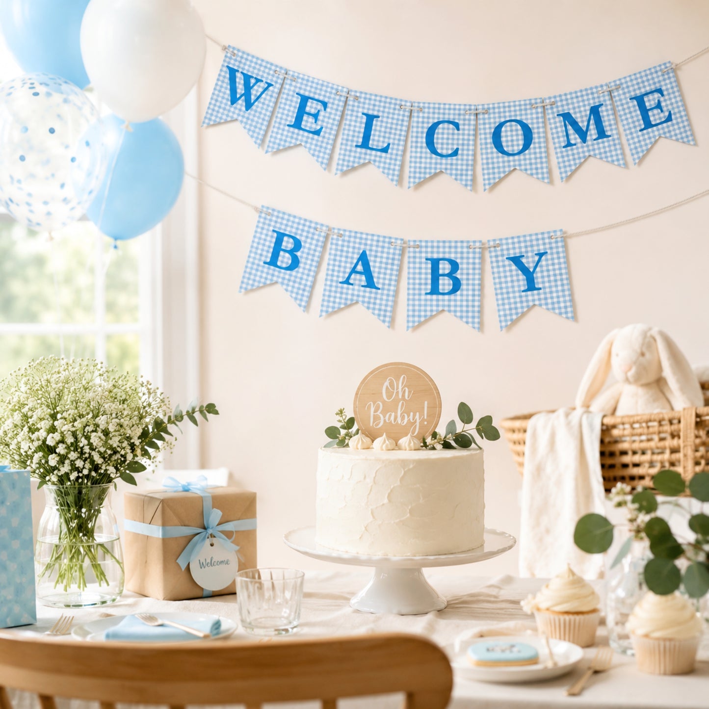 Welcome Baby Banner – Blue Gingham Cardstock Bunting for Baby Boy