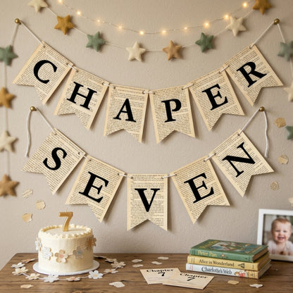 Chapter Seven Book Page Banner Garland – Rustic Literary Party Decoration