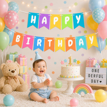 Colorful Happy Birthday Banner Garland – Rainbow Pastel Swallowtail Pennants