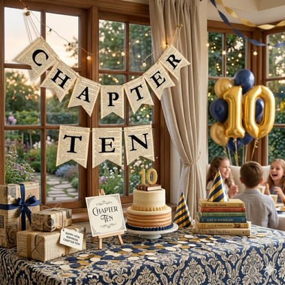 Chapter Ten Birthday Banner Set – Vintage Literary Garland with Bookmarks