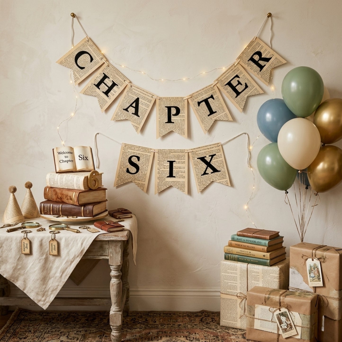 Chapter Six Rustic Book Page Banner Garland – Farmhouse Hanging Pennant