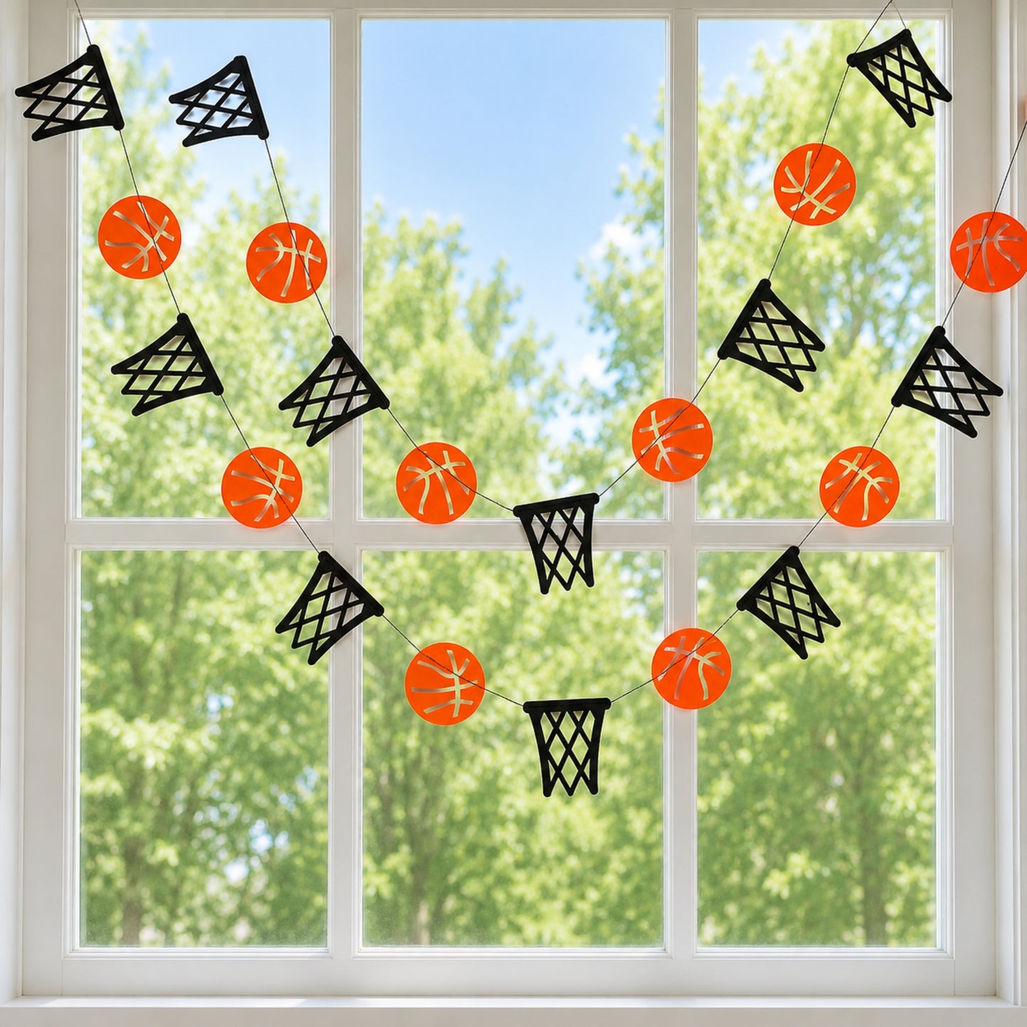 12 Ft Basketball Garland – Pre-Assembled Hoops & Balls Party Banner (Black Thread)