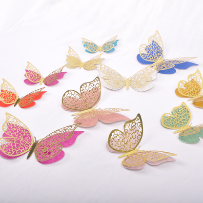 3D Butterfly Wall Decor – 12 Pcs Double-Layer Glitter Butterflies, 3 Sizes