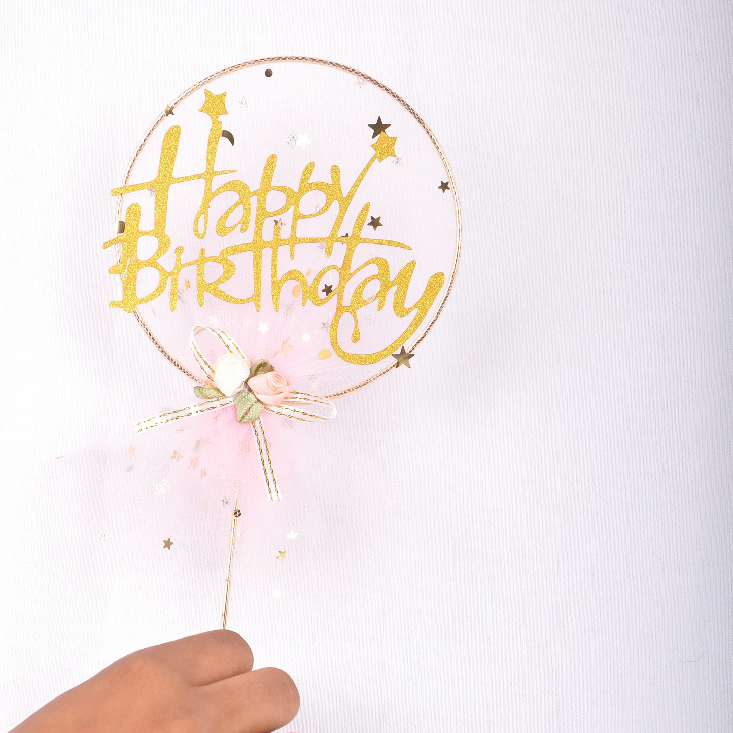 Pink Happy Birthday Cake Topper – Gold Glitter Double-Sided, Pre-Assembled