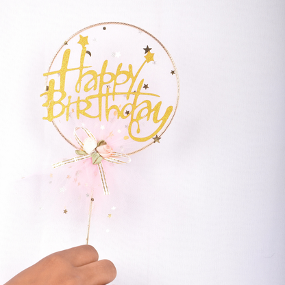 Pink Happy Birthday Cake Topper – Gold Glitter Double-Sided, Pre-Assembled