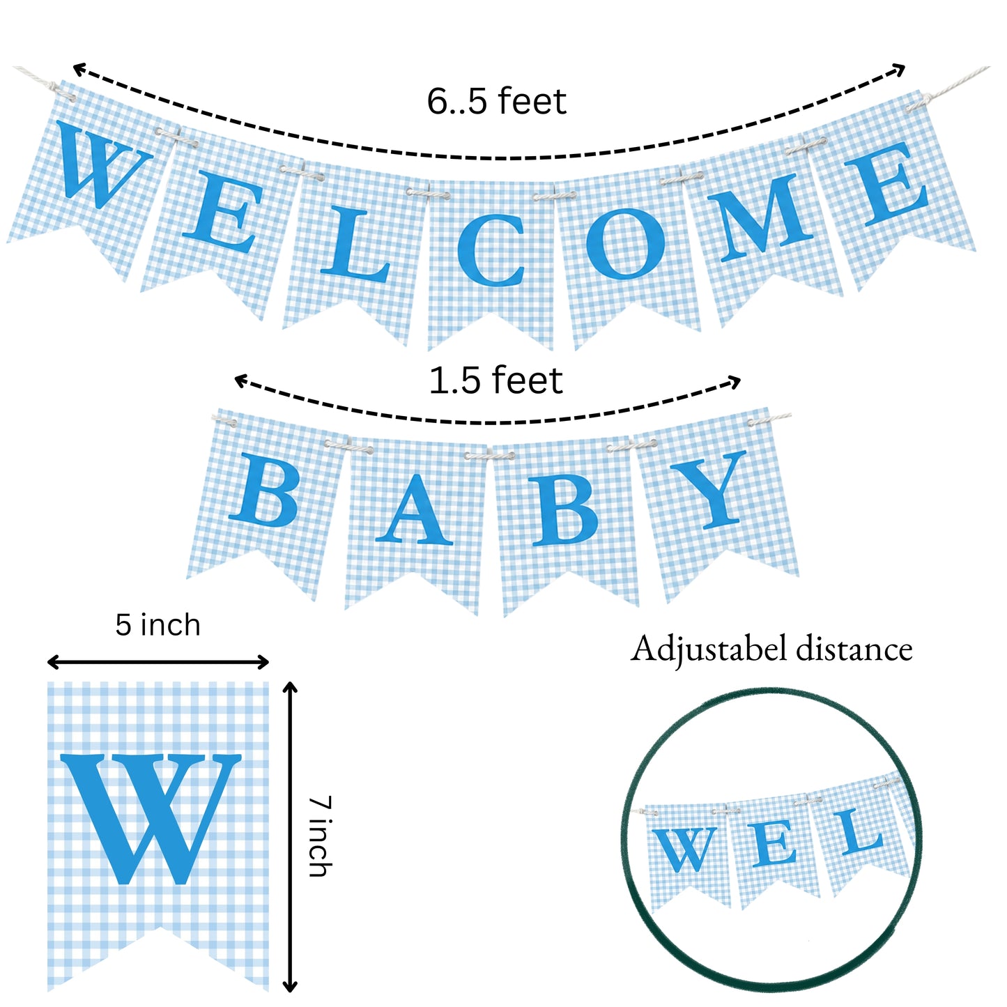 Welcome Baby Banner – Blue Gingham Cardstock Bunting for Baby Boy