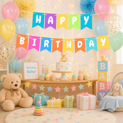 Colorful Happy Birthday Banner Garland – Rainbow Pastel Swallowtail Pennants