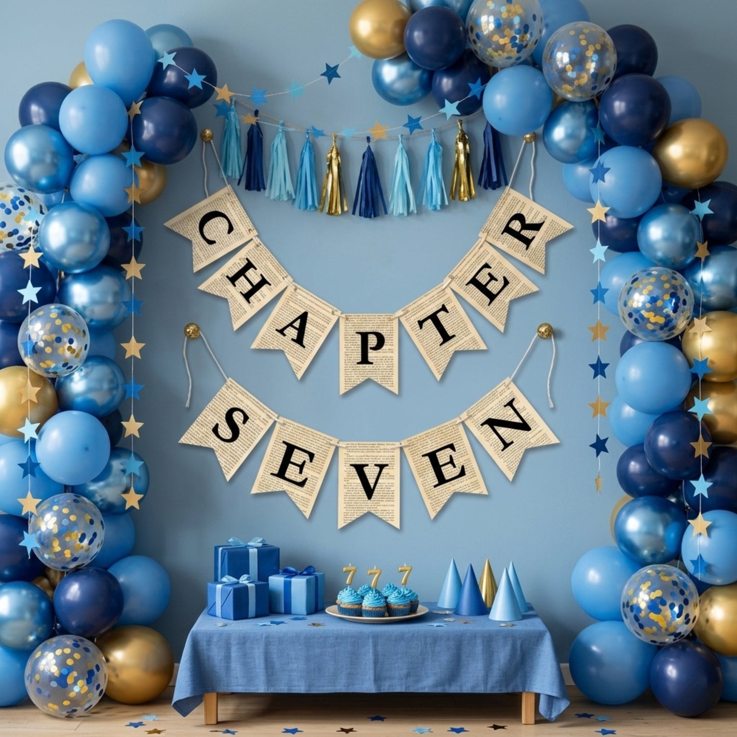 Chapter Seven Book Page Banner Garland – Rustic Literary Party Decoration